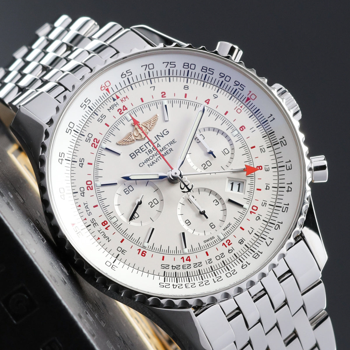 Breitling Chronometre Navitimer Complete 46mm Stainless Steel White Dial Stainless Steel Slide Rule Bezel Stainless Steel Bracelet  AB044121