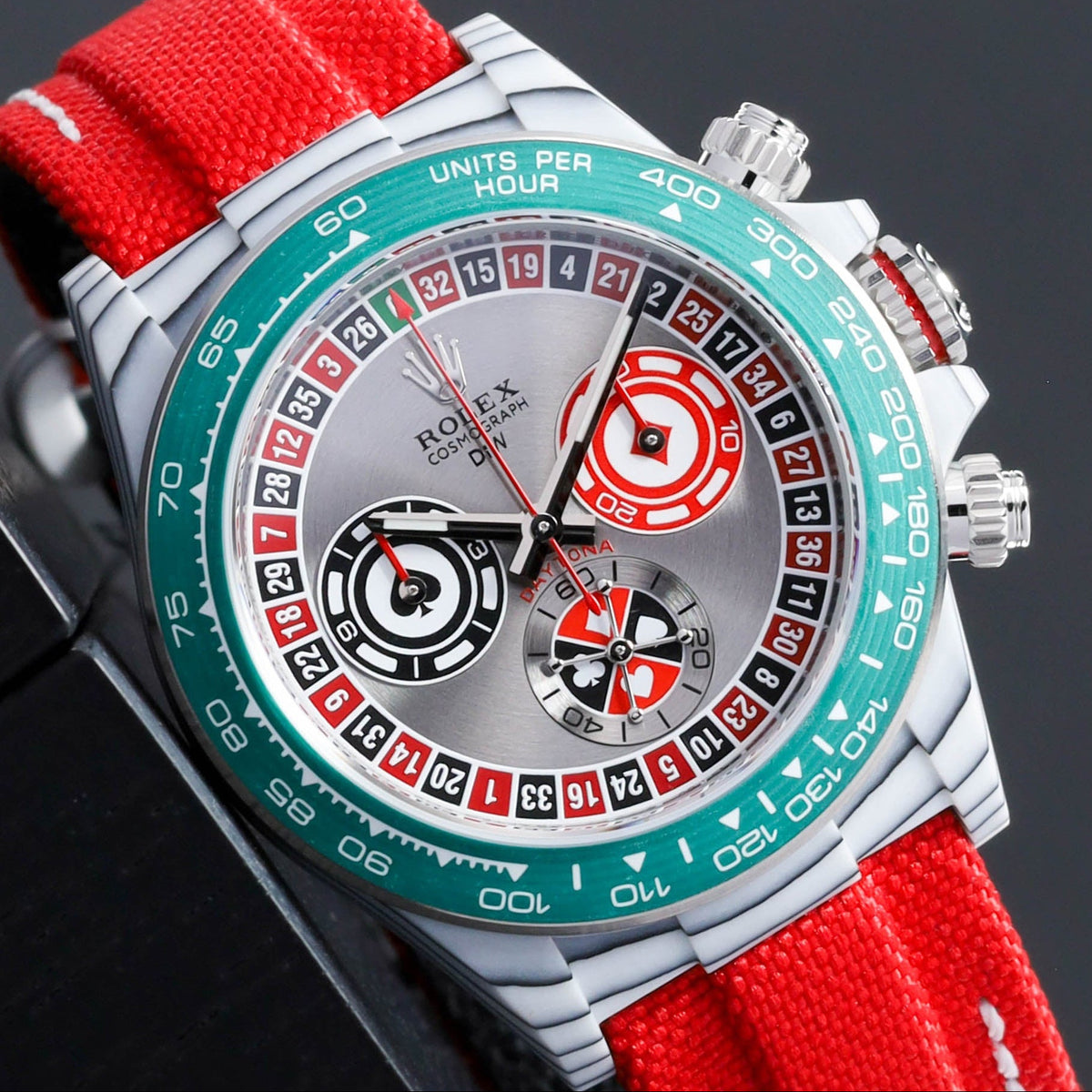Rolex Daytona DIW Lucky Players Roulette 2026 Complete 40mm Stainless Steel Grey with Red and Green Accents Dial White Ceramic Bezel Red Fabric Strap