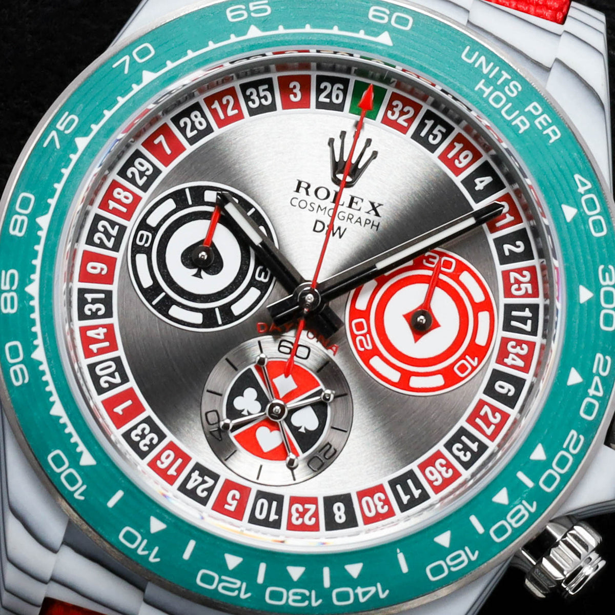 Rolex Daytona DIW Lucky Players Roulette 2026 Complete 40mm Stainless Steel Grey with Red and Green Accents Dial White Ceramic Bezel Red Fabric Strap