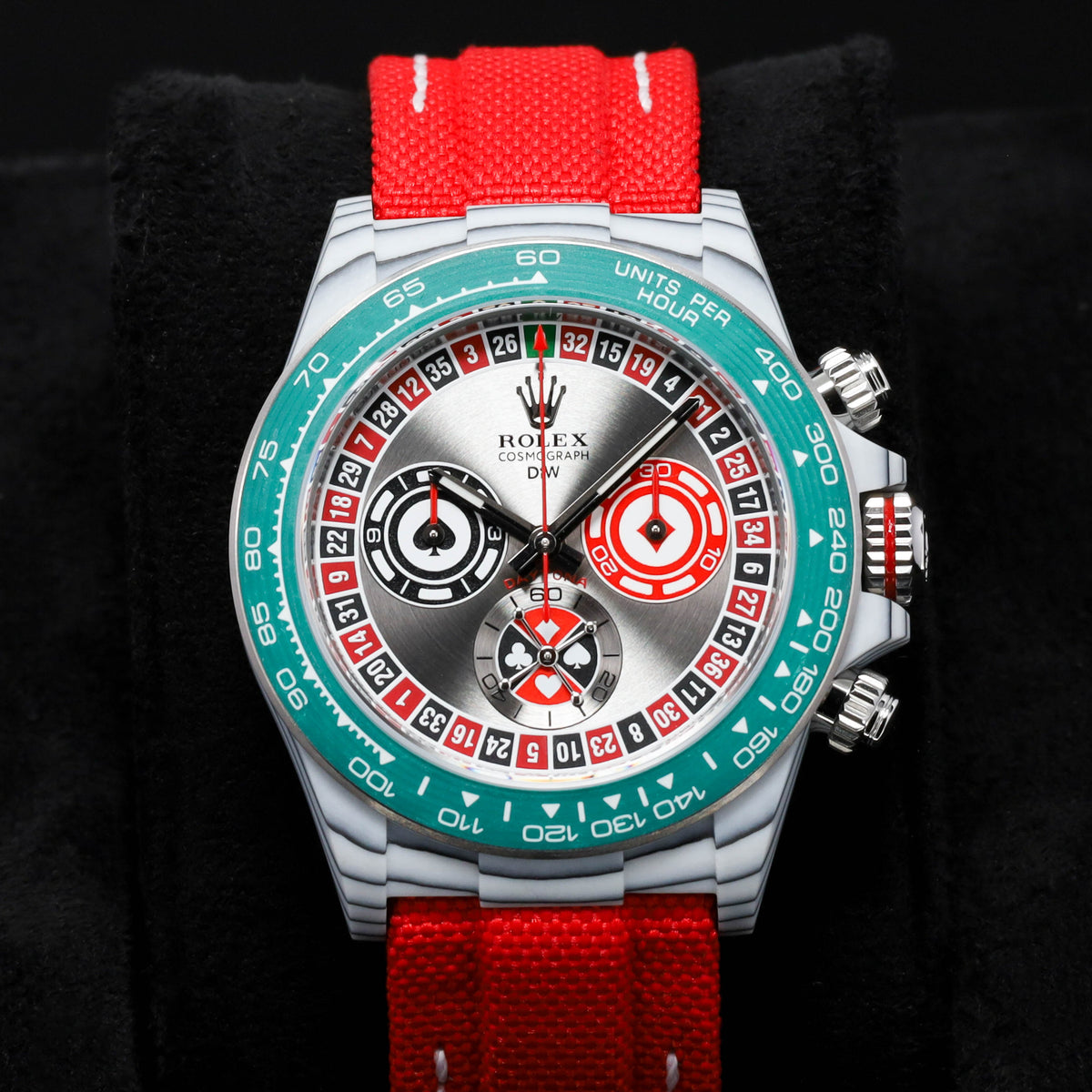 Rolex Daytona DIW Lucky Players Roulette 2026 Complete 40mm Stainless Steel Grey with Red and Green Accents Dial White Ceramic Bezel Red Fabric Strap