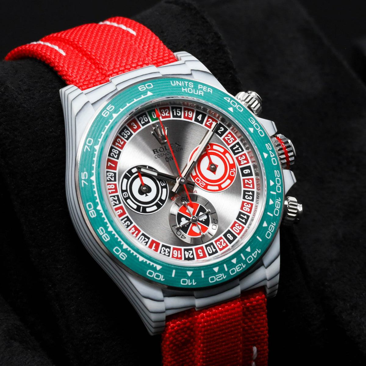 Rolex Daytona DIW Lucky Players Roulette 2026 Complete 40mm Stainless Steel Grey with Red and Green Accents Dial White Ceramic Bezel Red Fabric Strap
