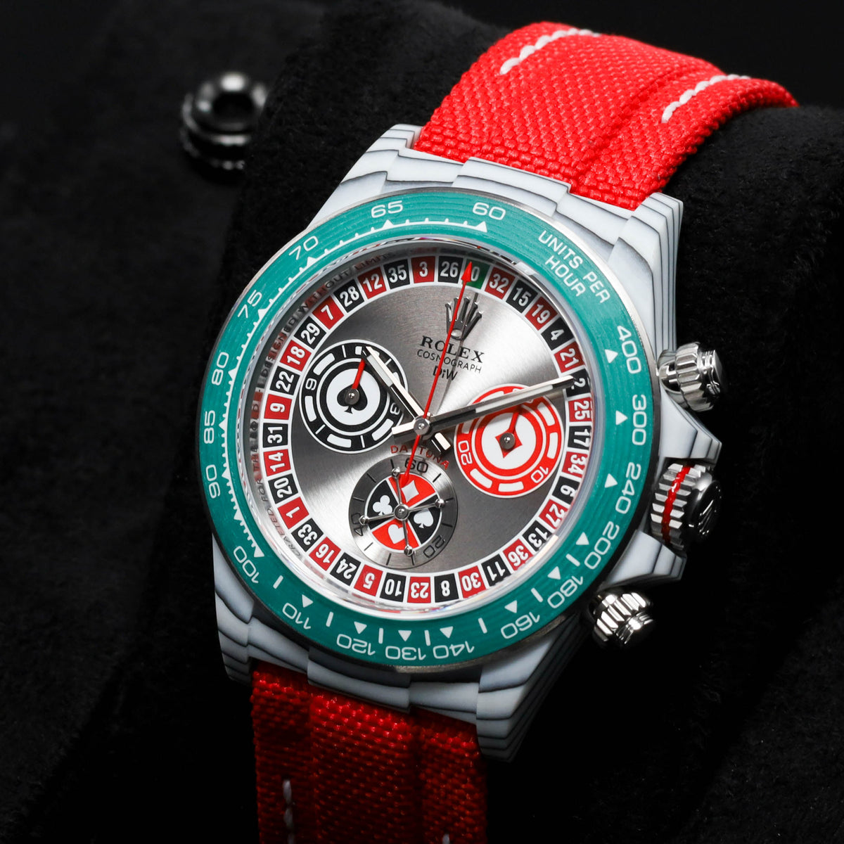 Rolex Daytona DIW Lucky Players Roulette 2026 Complete 40mm Stainless Steel Grey with Red and Green Accents Dial White Ceramic Bezel Red Fabric Strap