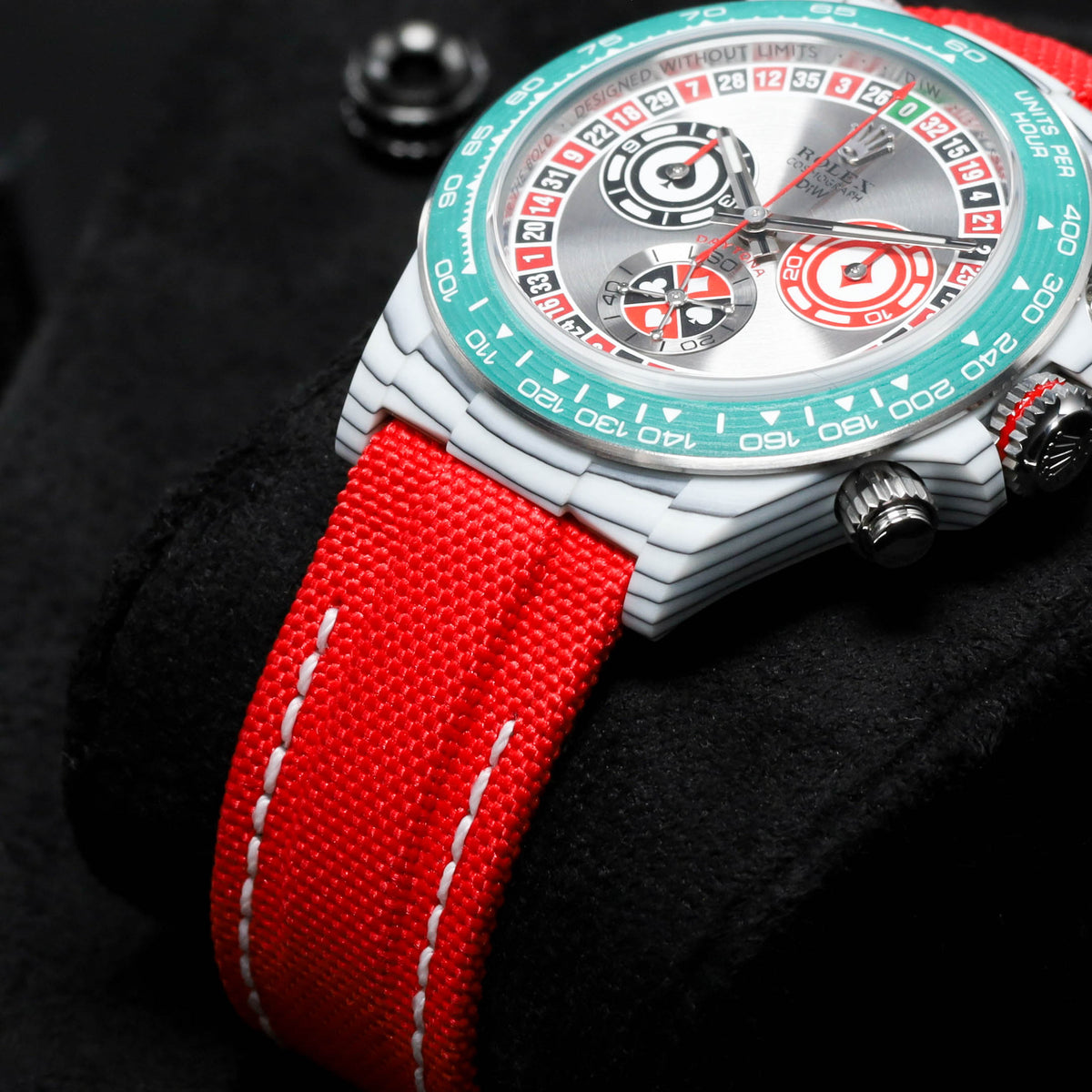 Rolex Daytona DIW Lucky Players Roulette 2026 Complete 40mm Stainless Steel Grey with Red and Green Accents Dial White Ceramic Bezel Red Fabric Strap
