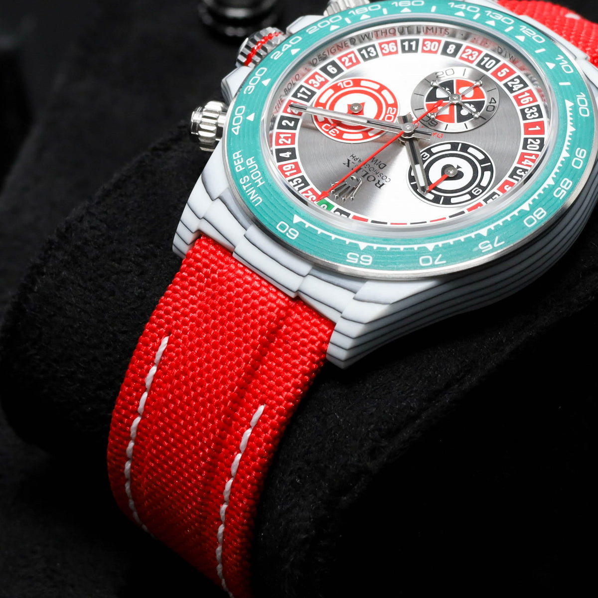 Rolex Daytona DIW Lucky Players Roulette 2026 Complete 40mm Stainless Steel Grey with Red and Green Accents Dial White Ceramic Bezel Red Fabric Strap