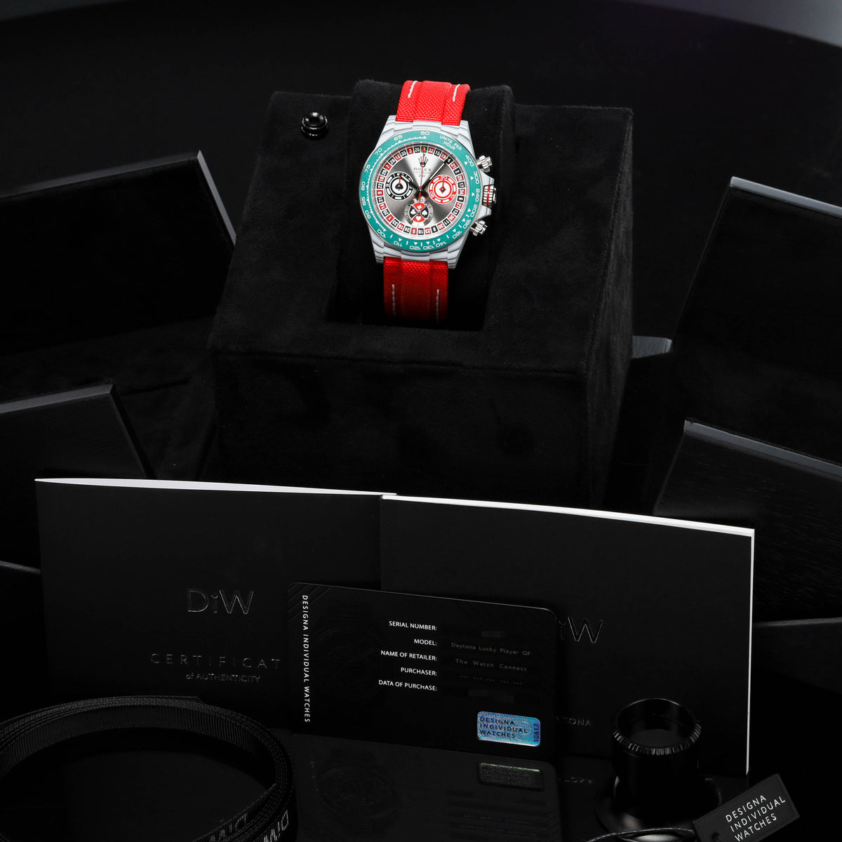 Rolex Daytona DIW Lucky Players Roulette 2026 Complete 40mm Stainless Steel Grey with Red and Green Accents Dial White Ceramic Bezel Red Fabric Strap