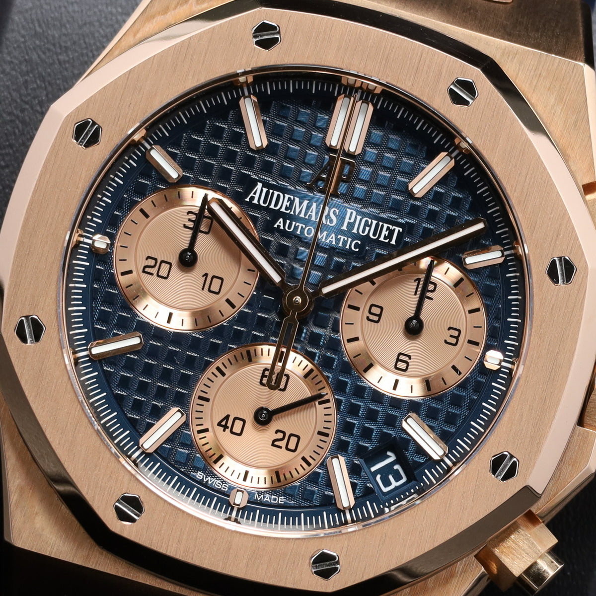 Audemars Piguet Royal Oak Complete 41mm 18k Rose Gold Case Blue Tapisserie Dial 18k Yellow Gold Bezel 18k Blue Rubber Strap 26239OR.OO.D315CR.01