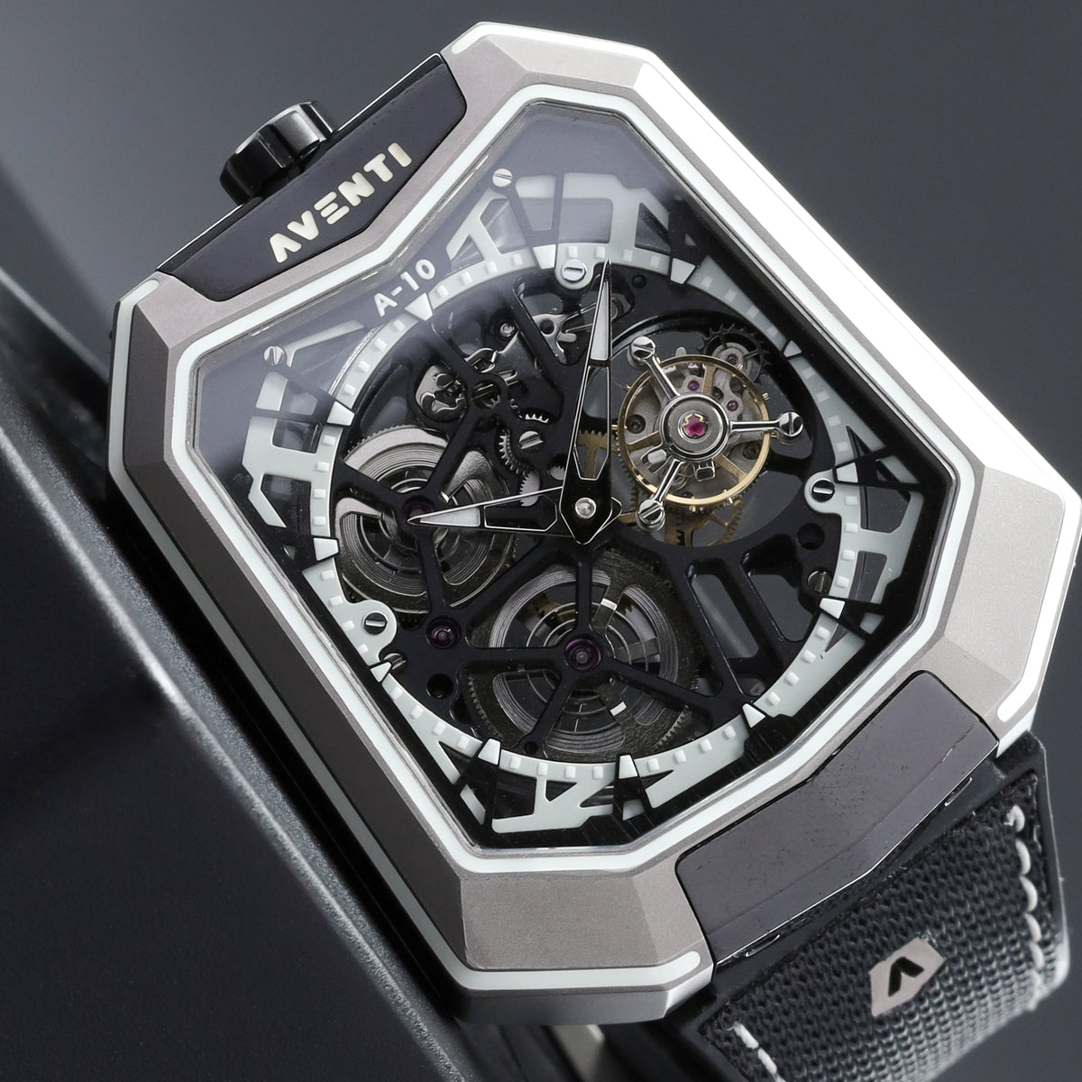 Aventi Tourbillon Complete 48mm Titanium Case Skeletonized Dial Titanium with Integrated Crystal Frame Bezel Black Rubber Textile Strap A10