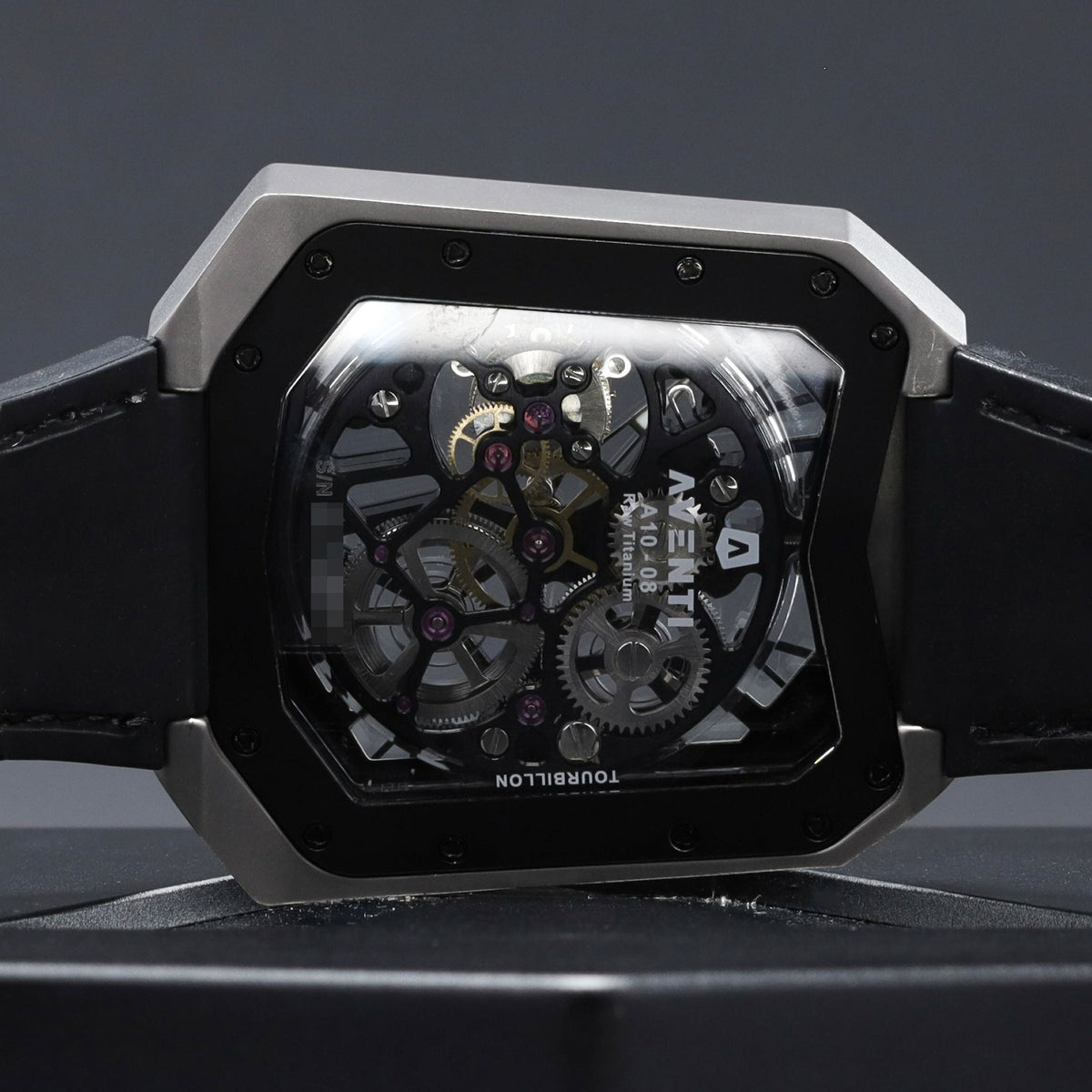 Aventi Tourbillon Complete 48mm Titanium Case Skeletonized Dial Titanium with Integrated Crystal Frame Bezel Black Rubber Textile Strap A10