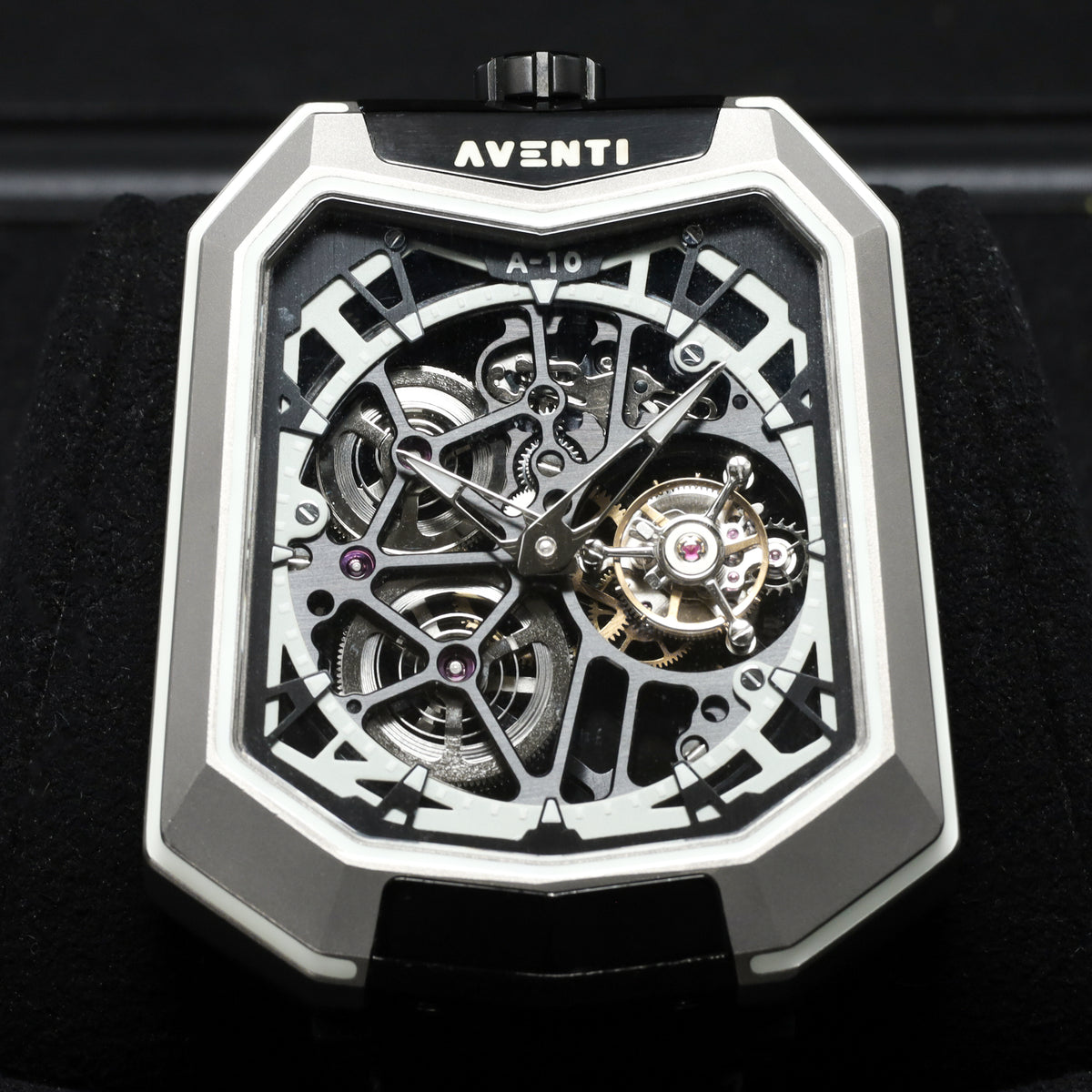 Aventi Tourbillon Complete 48mm Titanium Case Skeletonized Dial Titanium with Integrated Crystal Frame Bezel Black Rubber Textile Strap A10