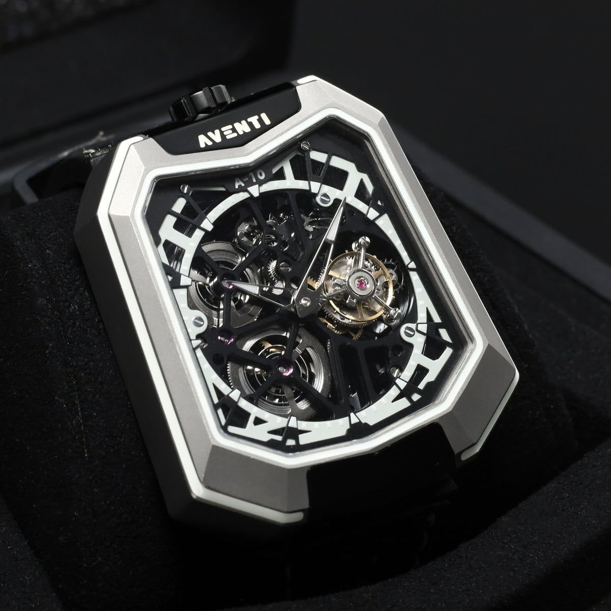 Aventi Tourbillon Complete 48mm Titanium Case Skeletonized Dial Titanium with Integrated Crystal Frame Bezel Black Rubber Textile Strap A10