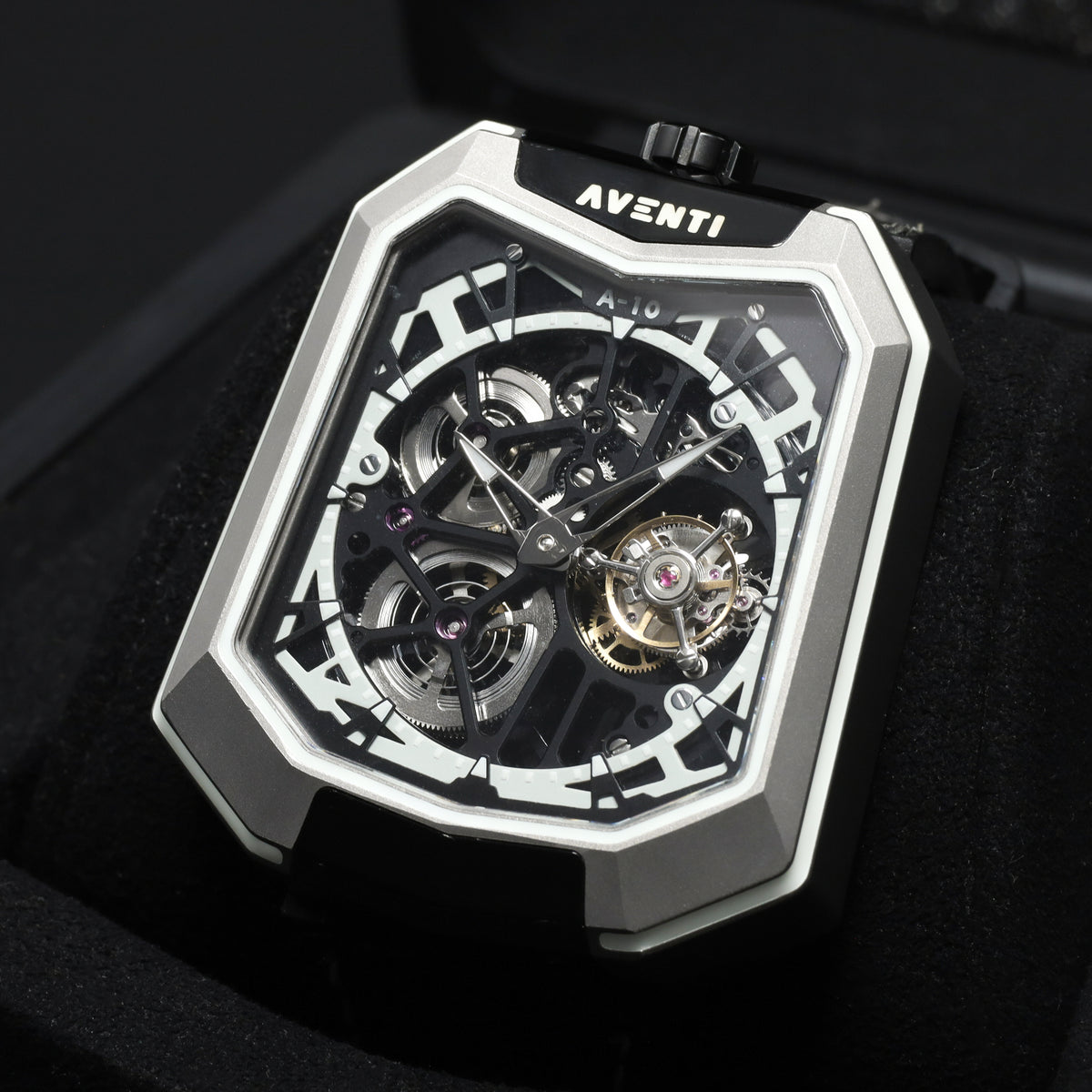 Aventi Tourbillon Complete 48mm Titanium Case Skeletonized Dial Titanium with Integrated Crystal Frame Bezel Black Rubber Textile Strap A10