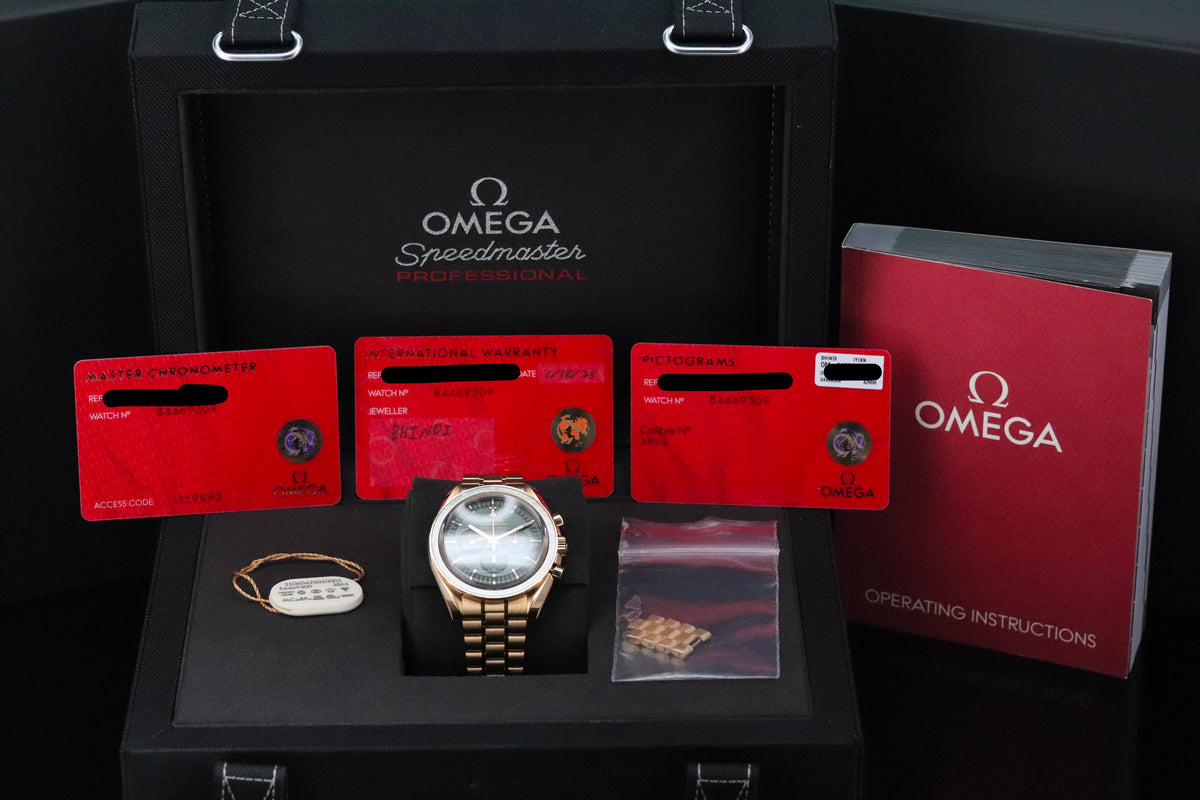 Omega Speedmaster Professional Moonwatch 42mm [2025 COMPLETE] Green 18k Yellow Gold Exhibition Complete Set