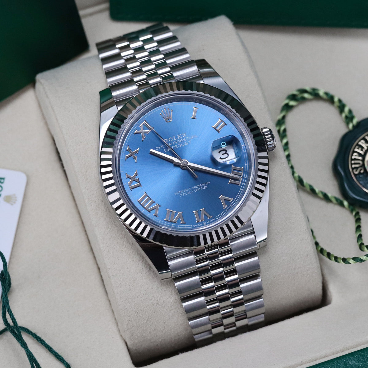 2025 Rolex Datejust 41 Azzurro Blue Roman Dial Fluted Jubilee 126334 Oyster Perpetual White Gold Oystersteel