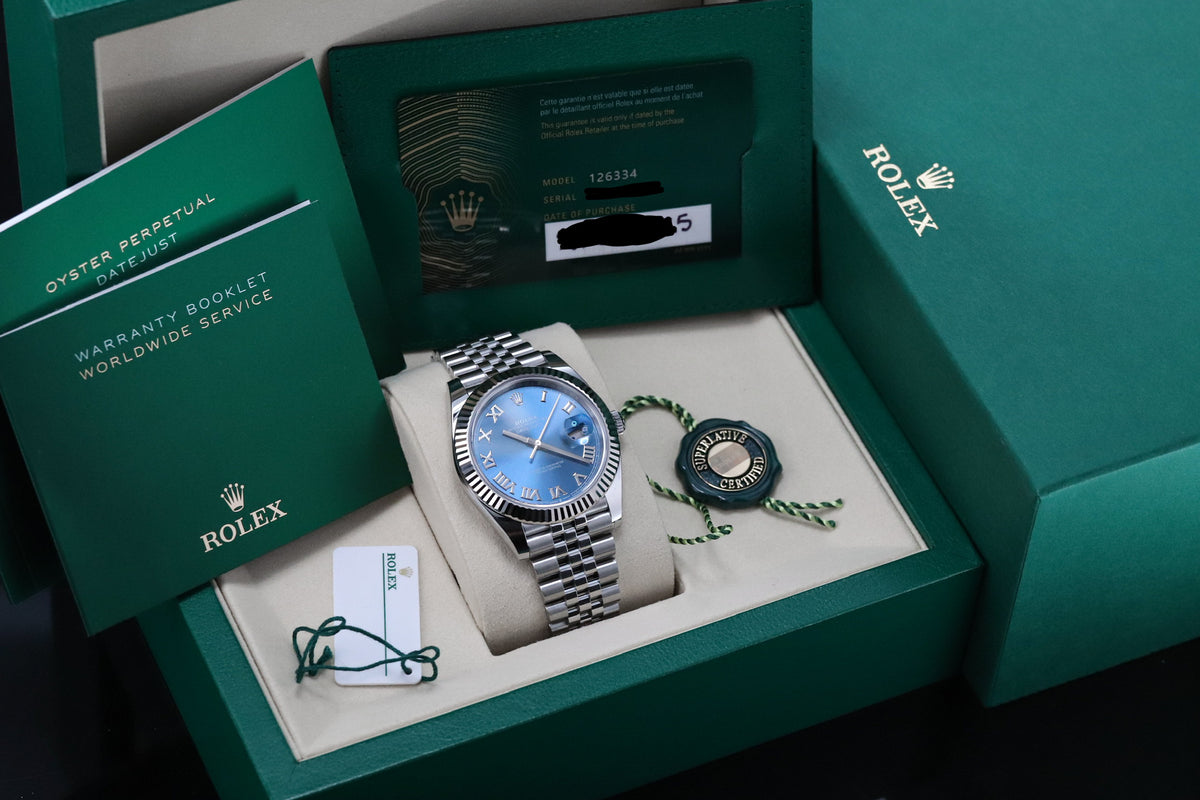 2025 Rolex Datejust 41 Azzurro Blue Roman Dial Fluted Jubilee 126334 Oyster Perpetual White Gold Oystersteel