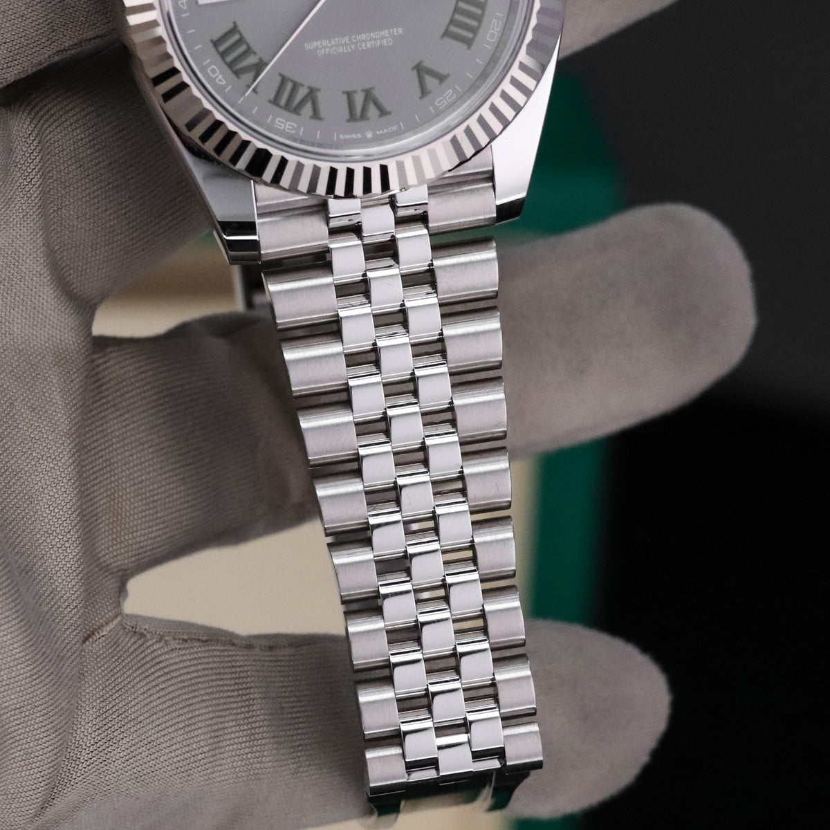 Rolex Datejust 41mm [2025 Complete] Wimbledon Grey Dial Green Roman Fluted 18k White Gold Jubilee 126334