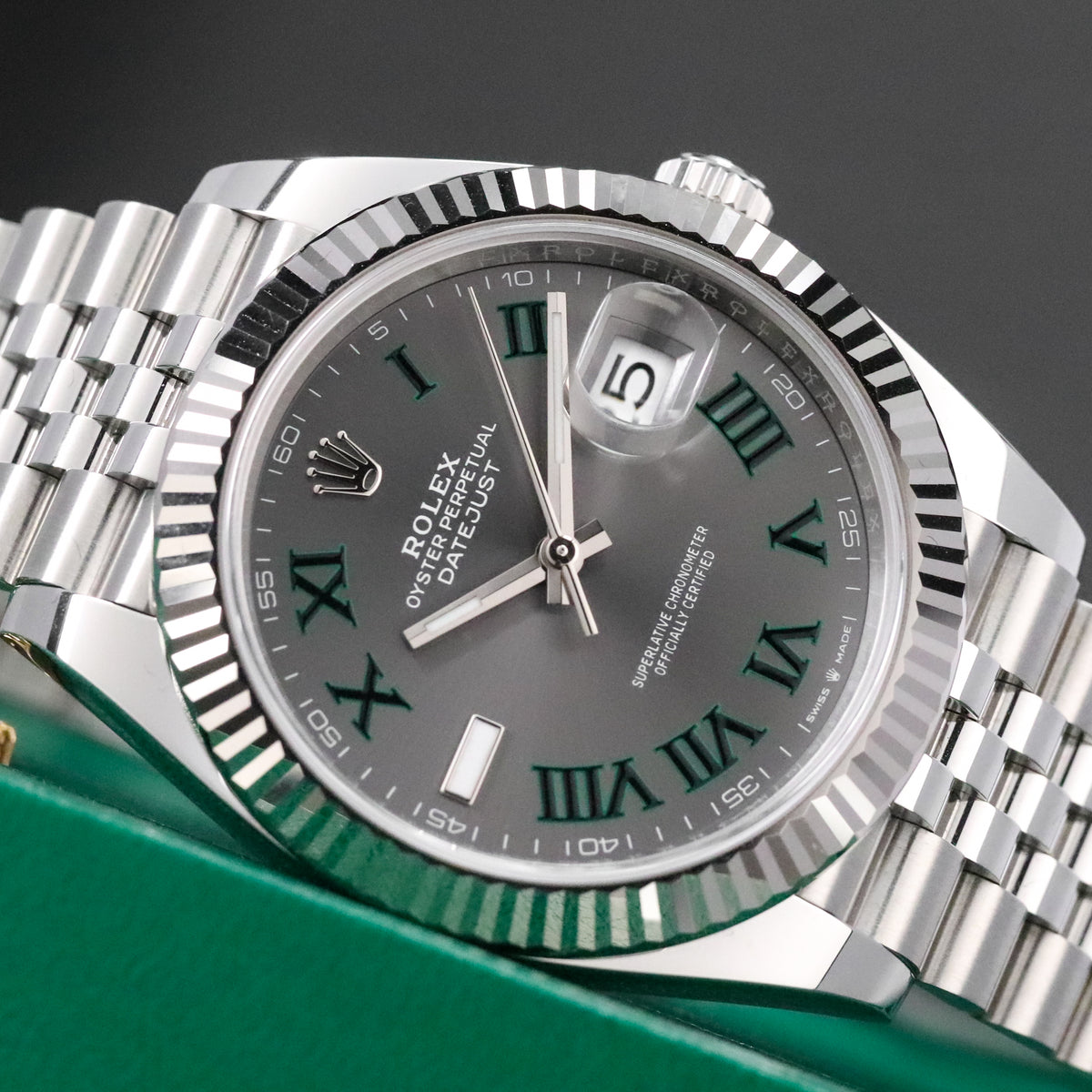 Rolex Datejust 41mm [2025 Complete] Wimbledon Grey Dial Green Roman Fluted 18k White Gold Jubilee 126334