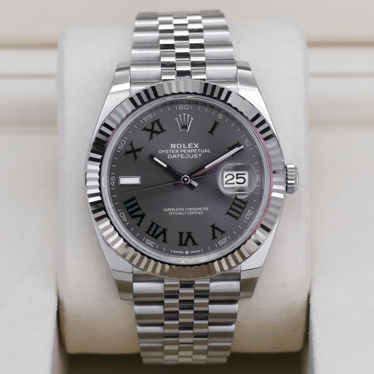 Rolex Datejust 41mm [2025 Complete] Wimbledon Grey Dial Green Roman Fluted 18k White Gold Jubilee 126334