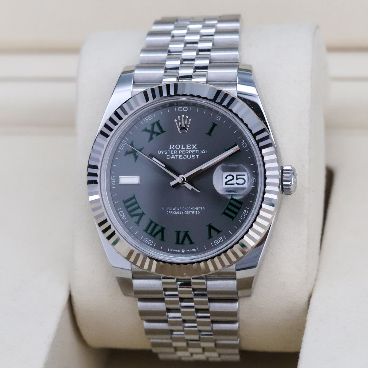 Rolex Datejust 41mm [2025 Complete] Wimbledon Grey Dial Green Roman Fluted 18k White Gold Jubilee 126334