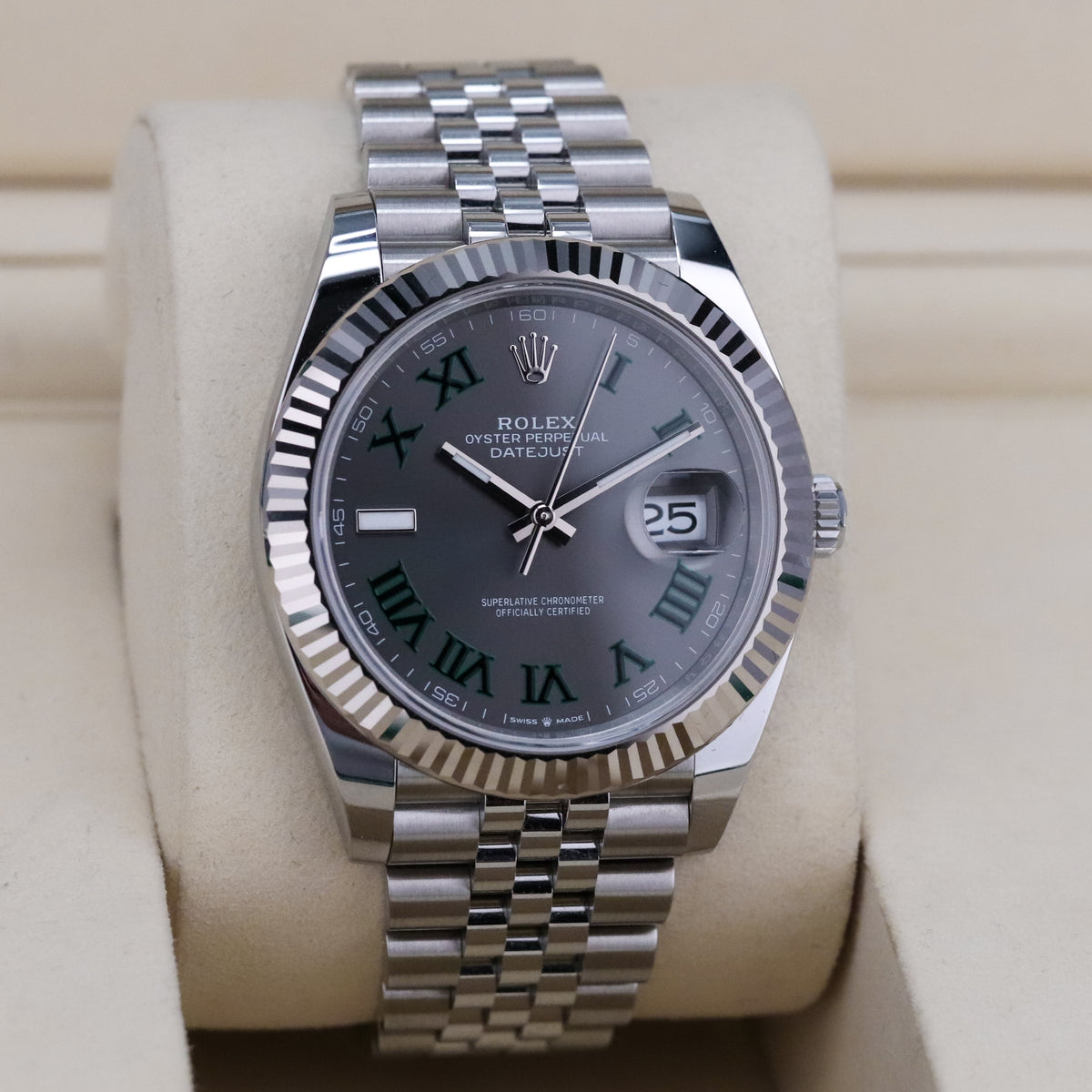 Rolex Datejust 41mm [2025 Complete] Wimbledon Grey Dial Green Roman Fluted 18k White Gold Jubilee 126334