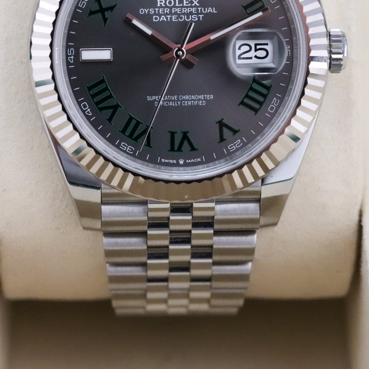 Rolex Datejust 41mm [2025 Complete] Wimbledon Grey Dial Green Roman Fluted 18k White Gold Jubilee 126334