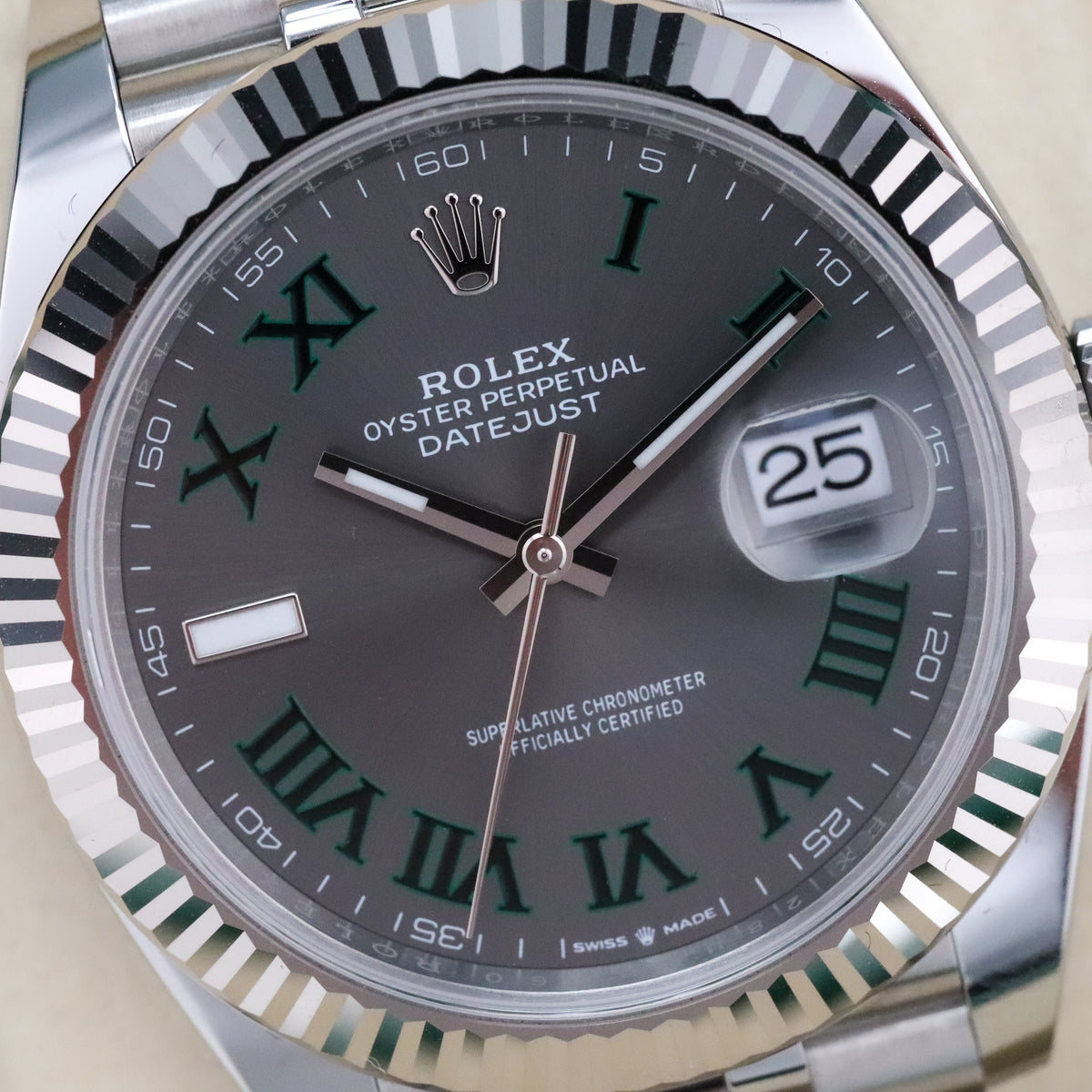 Rolex Datejust 41mm [2025 Complete] Wimbledon Grey Dial Green Roman Fluted 18k White Gold Jubilee 126334