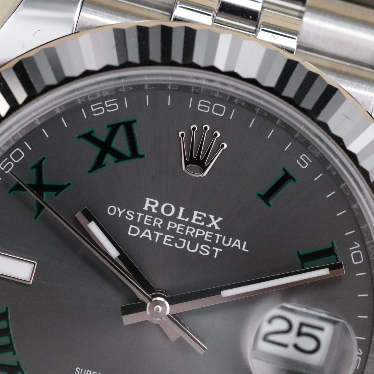 Rolex Datejust 41mm [2025 Complete] Wimbledon Grey Dial Green Roman Fluted 18k White Gold Jubilee 126334