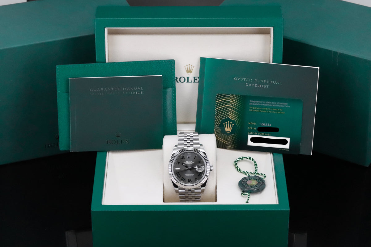 Rolex Datejust 41mm [2025 Complete] Wimbledon Grey Dial Green Roman Fluted 18k White Gold Jubilee 126334