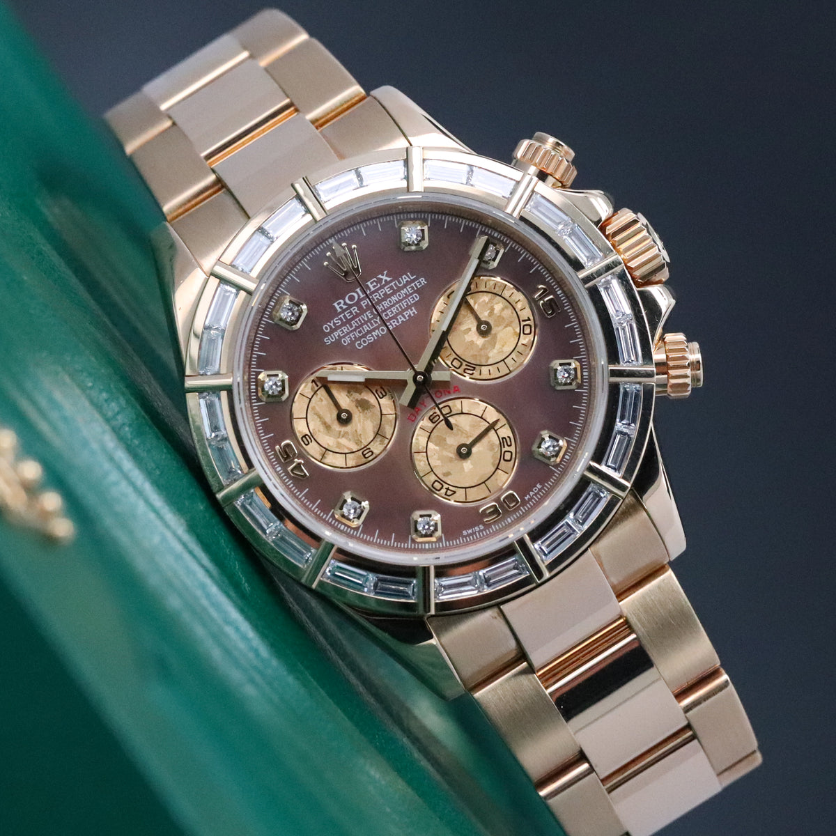 Rolex Daytona Complete Set 40mm Baguette Mother of Pearl Tahitian Dial Yellow Gold Oyster Bracelet 116568BR