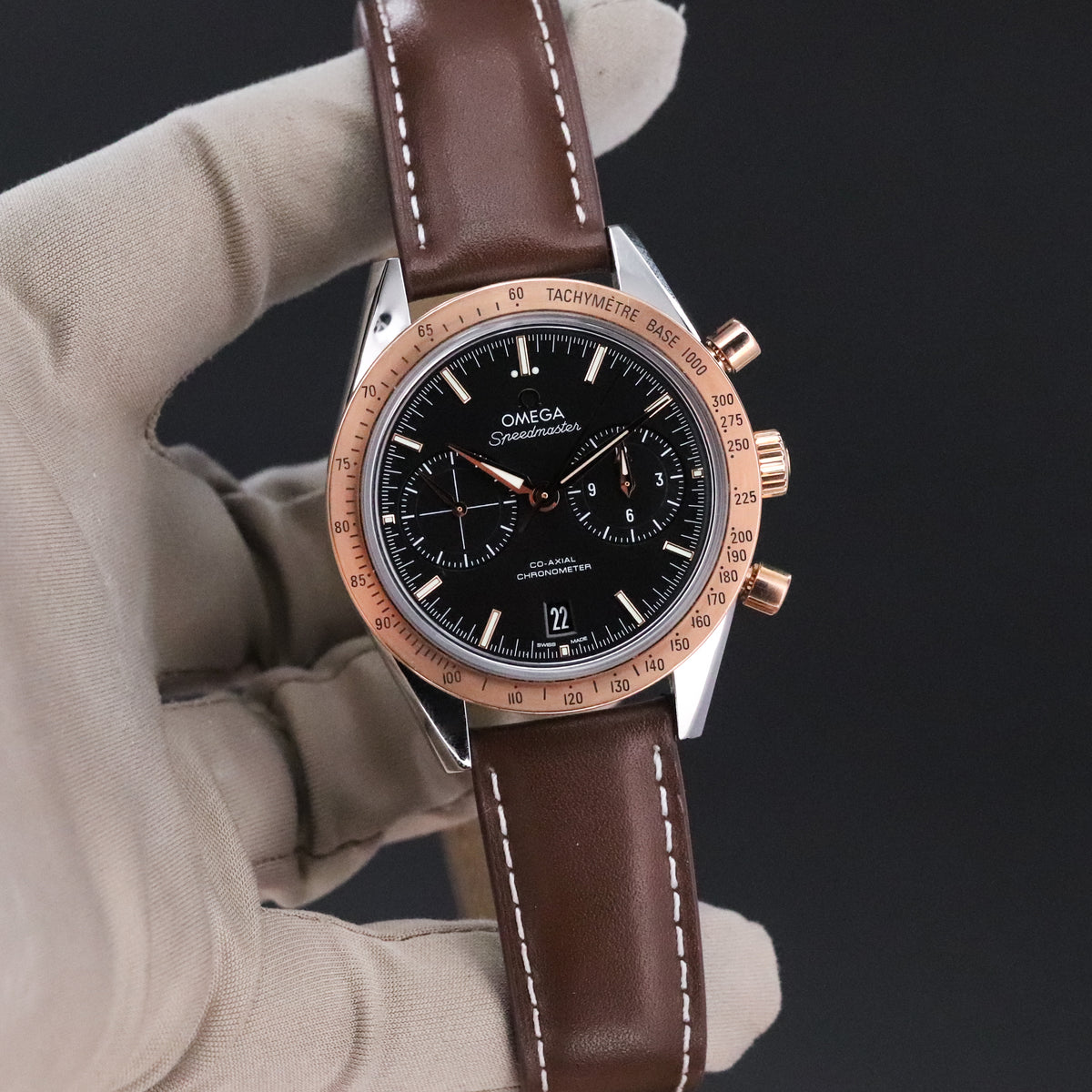 Omega Speedmaster Chronograph '57 Rose Gold [2024 COMPLETE] 41.5mm Black Dial Rose Gold Bezel Brown Leather Strap Stainless Steel Case 331.22.42.51.01.001