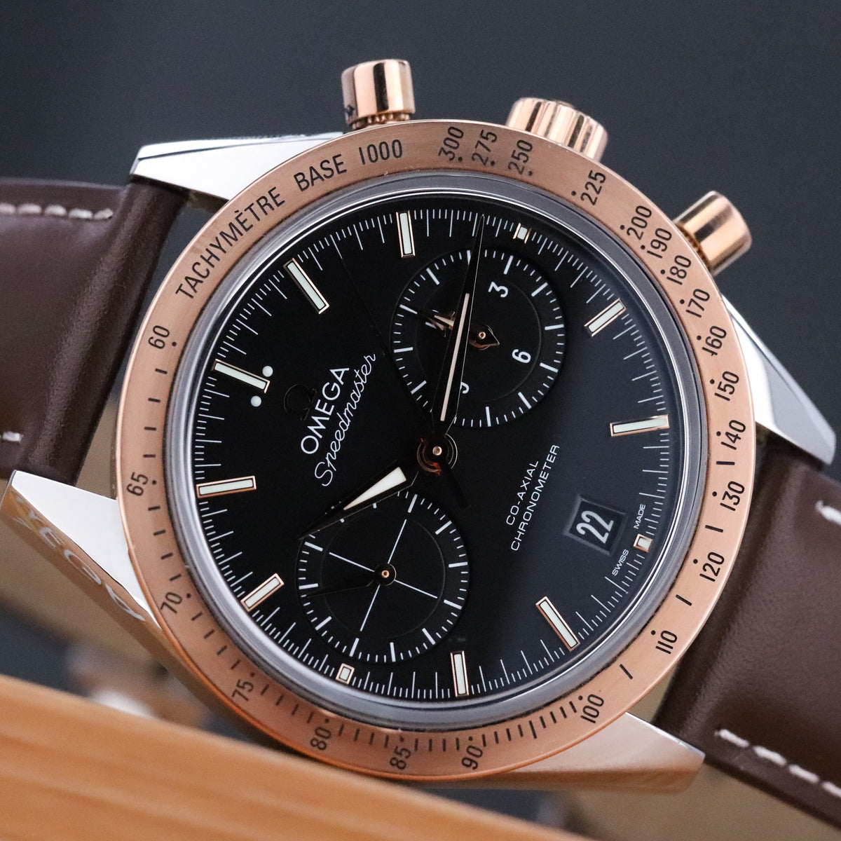 Omega Speedmaster Chronograph '57 Rose Gold [2024 COMPLETE] 41.5mm Black Dial Rose Gold Bezel Brown Leather Strap Stainless Steel Case 331.22.42.51.01.001