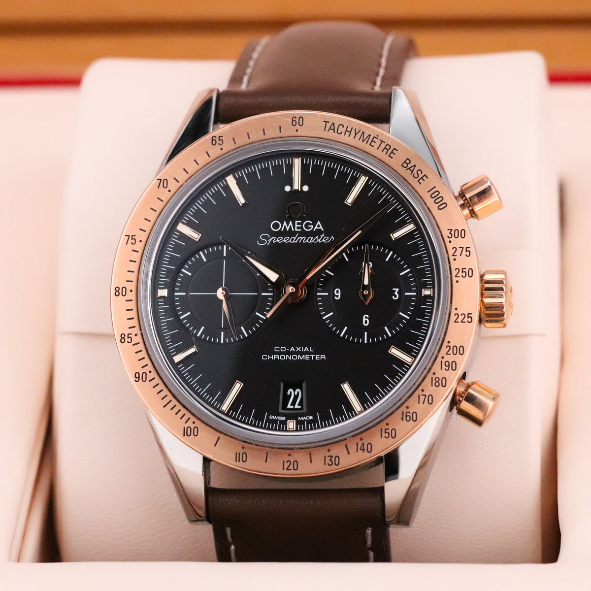 Omega Speedmaster Chronograph '57 Rose Gold [2024 COMPLETE] 41.5mm Black Dial Rose Gold Bezel Brown Leather Strap Stainless Steel Case 331.22.42.51.01.001