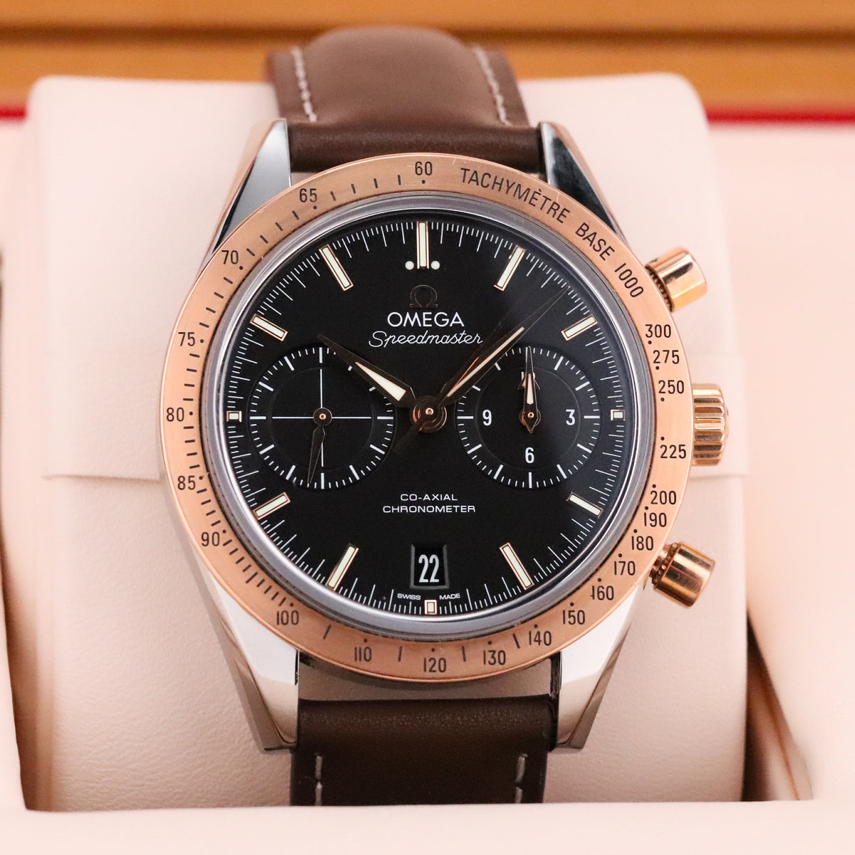 Omega Speedmaster Chronograph '57 Rose Gold [2024 COMPLETE] 41.5mm Black Dial Rose Gold Bezel Brown Leather Strap Stainless Steel Case 331.22.42.51.01.001