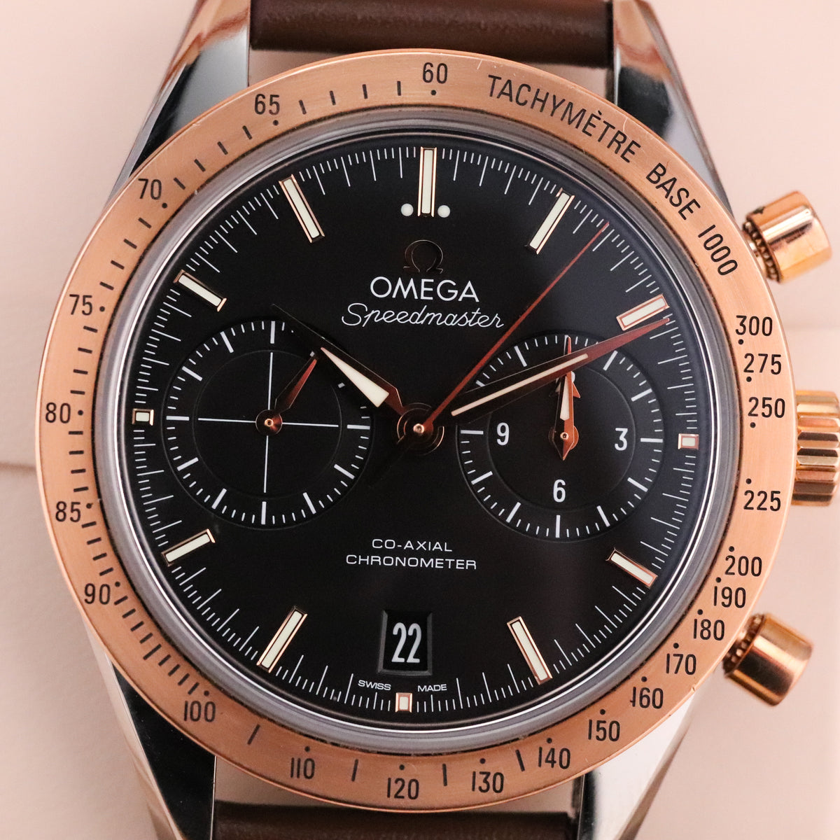 Omega Speedmaster Chronograph '57 Rose Gold [2024 COMPLETE] 41.5mm Black Dial Rose Gold Bezel Brown Leather Strap Stainless Steel Case 331.22.42.51.01.001