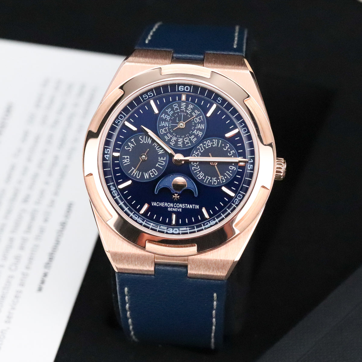 Vaceheron Constantin Overseas Perpetual Calendar Ultra Thin Complete 41mm Rose Gold Blue Dial Blue Rubber Strap 4300V/000R-B509