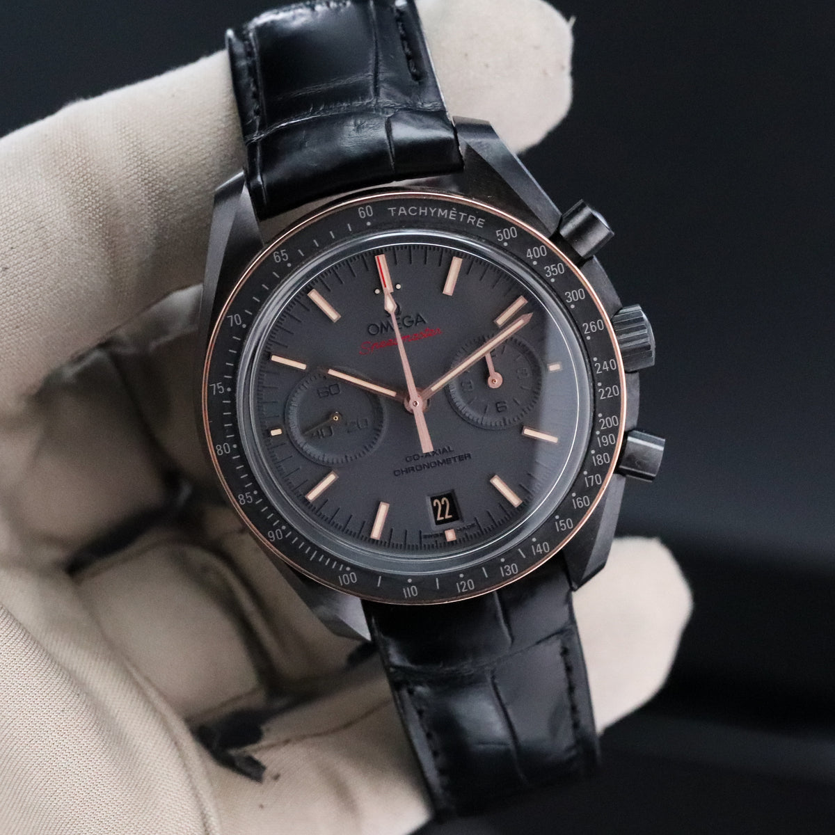 Omega Speedmaster Moonwatch Chronograph Dark Side of the Moon [2024 Complete] 44.25mm Black Ceramic Case Black Dial Black Bezel Black Alligator Leather Strap 311.63.44.51.06.001