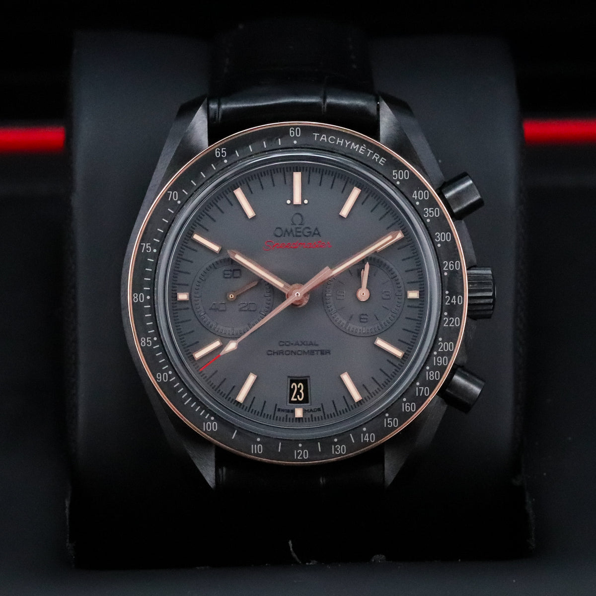 Omega Speedmaster Moonwatch Chronograph Dark Side of the Moon [2024 Complete] 44.25mm Black Ceramic Case Black Dial Black Bezel Black Alligator Leather Strap 311.63.44.51.06.001