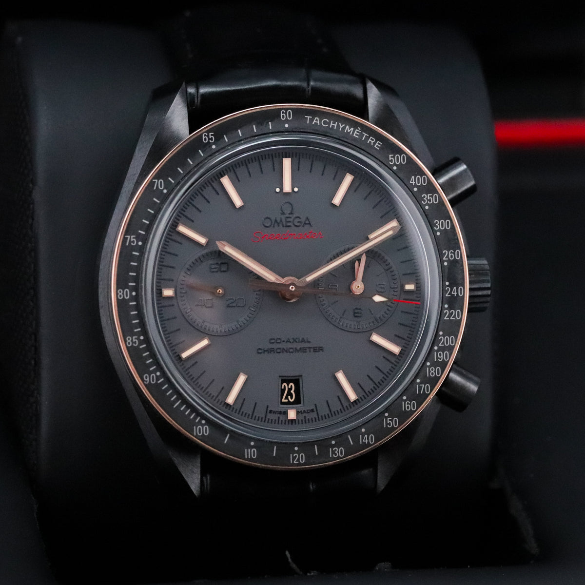 Omega Speedmaster Moonwatch Chronograph Dark Side of the Moon [2024 Complete] 44.25mm Black Ceramic Case Black Dial Black Bezel Black Alligator Leather Strap 311.63.44.51.06.001