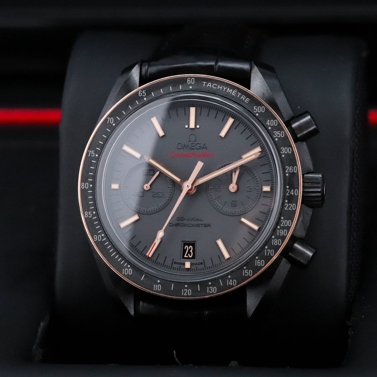 Omega Speedmaster Moonwatch Chronograph Dark Side of the Moon [2024 Complete] 44.25mm Black Ceramic Case Black Dial Black Bezel Black Alligator Leather Strap 311.63.44.51.06.001