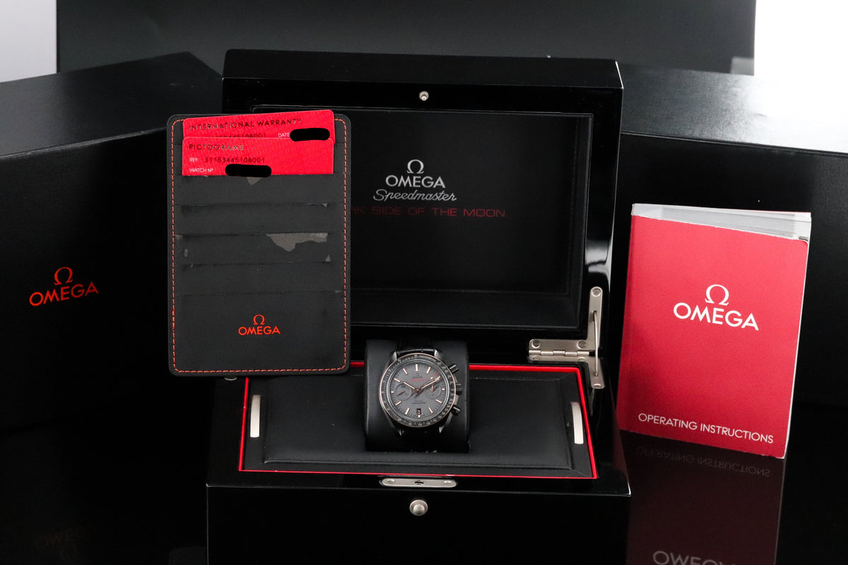 Omega Speedmaster Moonwatch Chronograph Dark Side of the Moon [2024 Complete] 44.25mm Black Ceramic Case Black Dial Black Bezel Black Alligator Leather Strap 311.63.44.51.06.001