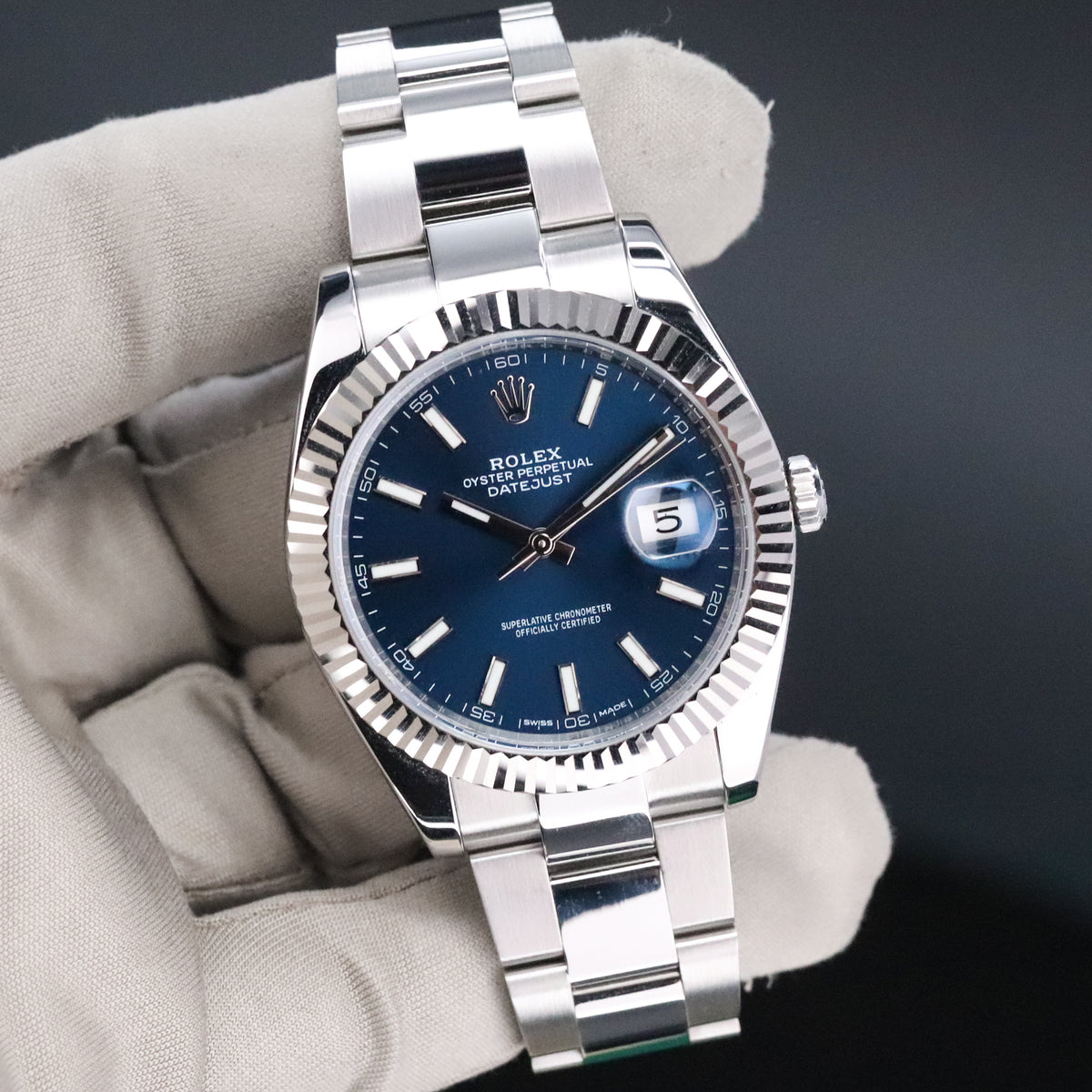 Rolex Datejust [COMPLETE] 41mm Stainless Steel Blue Dial White Gold Fluted Bezel 126334