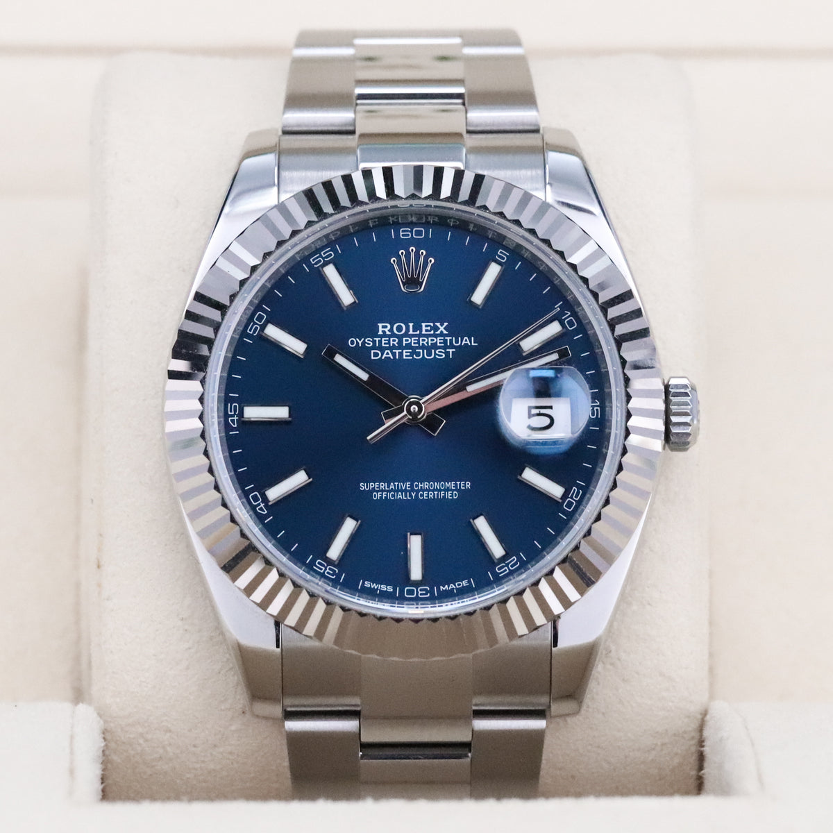 Rolex Datejust [COMPLETE] 41mm Stainless Steel Blue Dial White Gold Fluted Bezel 126334