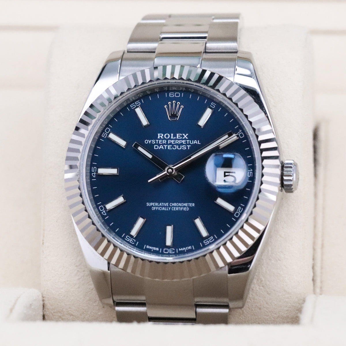 Rolex Datejust [COMPLETE] 41mm Stainless Steel Blue Dial White Gold Fluted Bezel 126334
