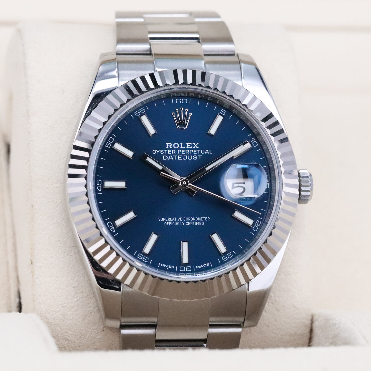 Rolex Datejust [COMPLETE] 41mm Stainless Steel Blue Dial White Gold Fluted Bezel 126334