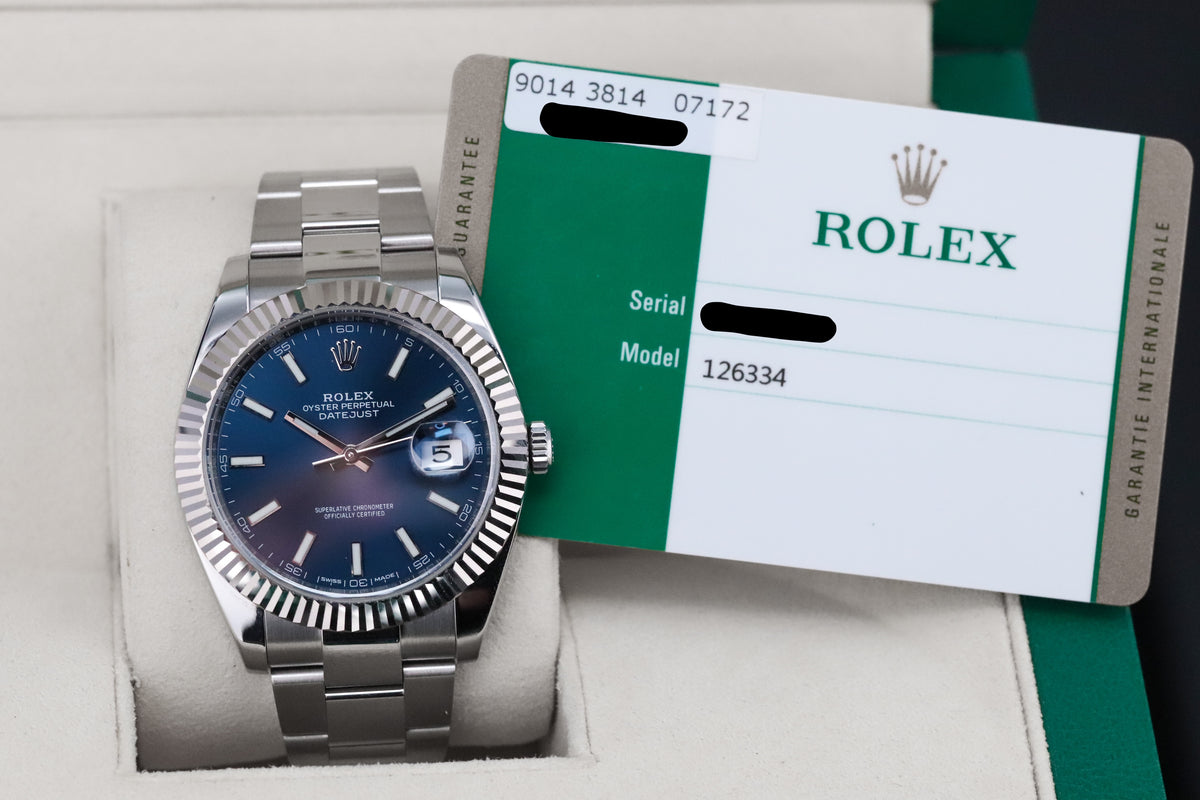 Rolex Datejust [COMPLETE] 41mm Stainless Steel Blue Dial White Gold Fluted Bezel 126334