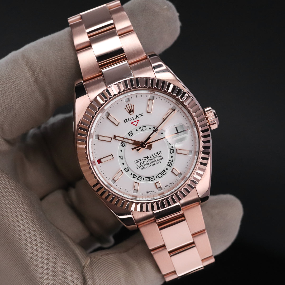 Rolex Skydweller [2019 Complete] 42mm Rose Gold White Dial Fluted Bezel Oyster Bracelet 326935