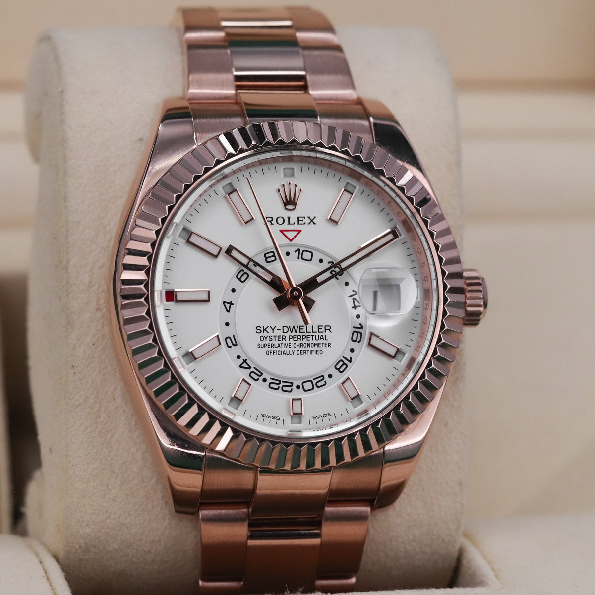 Rolex Skydweller [2019 Complete] 42mm Rose Gold White Dial Fluted Bezel Oyster Bracelet 326935