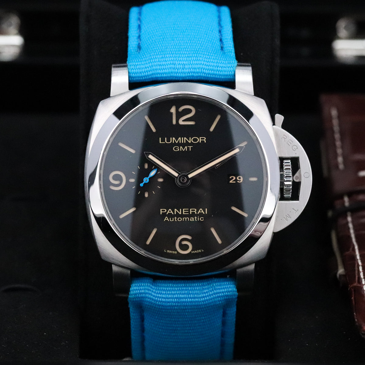 Panerai Luminor 1950 3 Days GMT Complete 44mm Steel Case Black Dial Smooth Bezel Blue Strap PAM01320