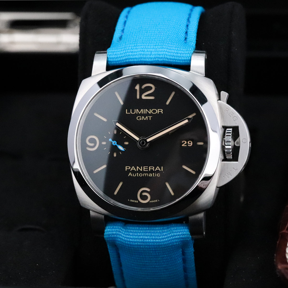 Panerai Luminor 1950 3 Days GMT Complete 44mm Steel Case Black Dial Smooth Bezel Blue Strap PAM01320