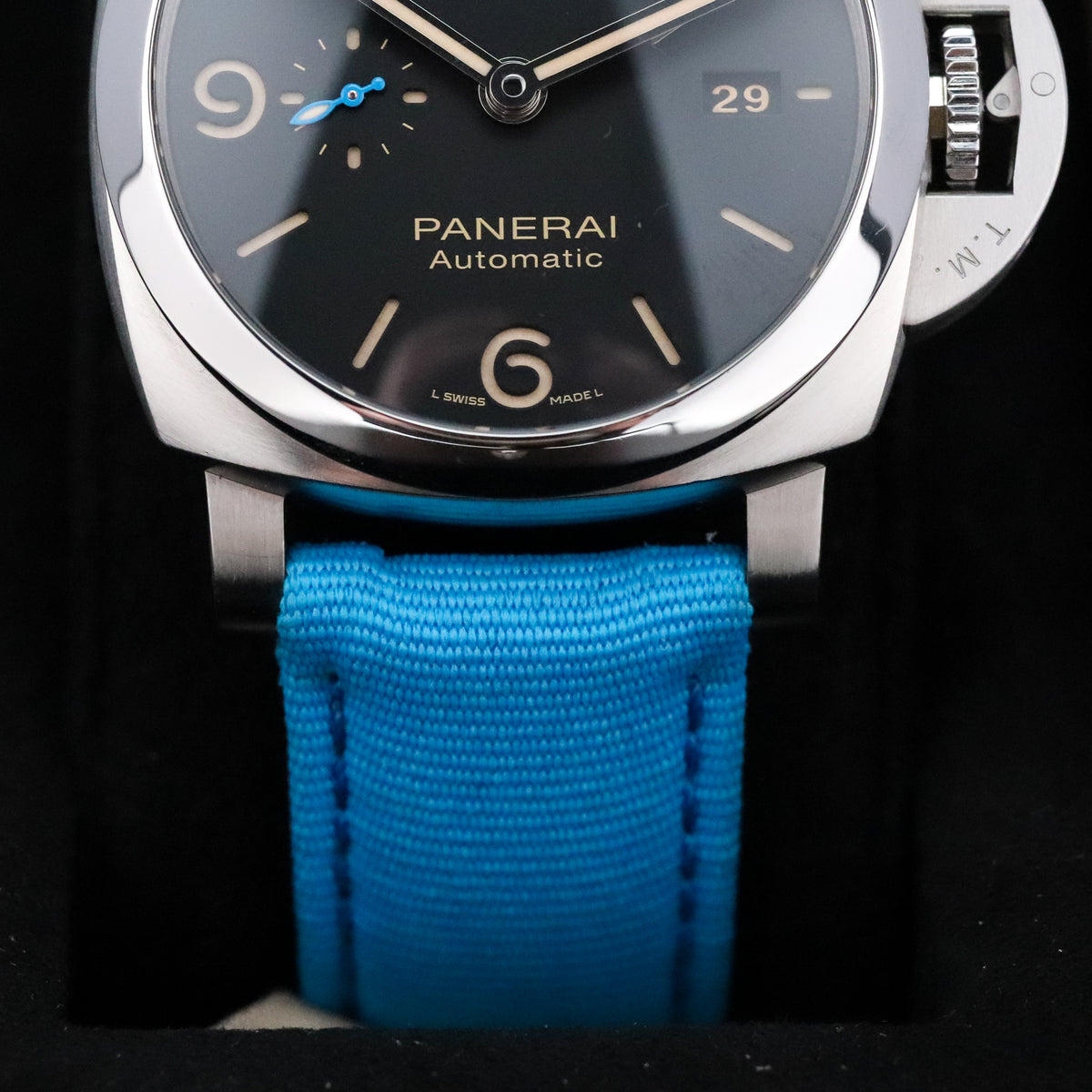 Panerai Luminor 1950 3 Days GMT Complete 44mm Steel Case Black Dial Smooth Bezel Blue Strap PAM01320