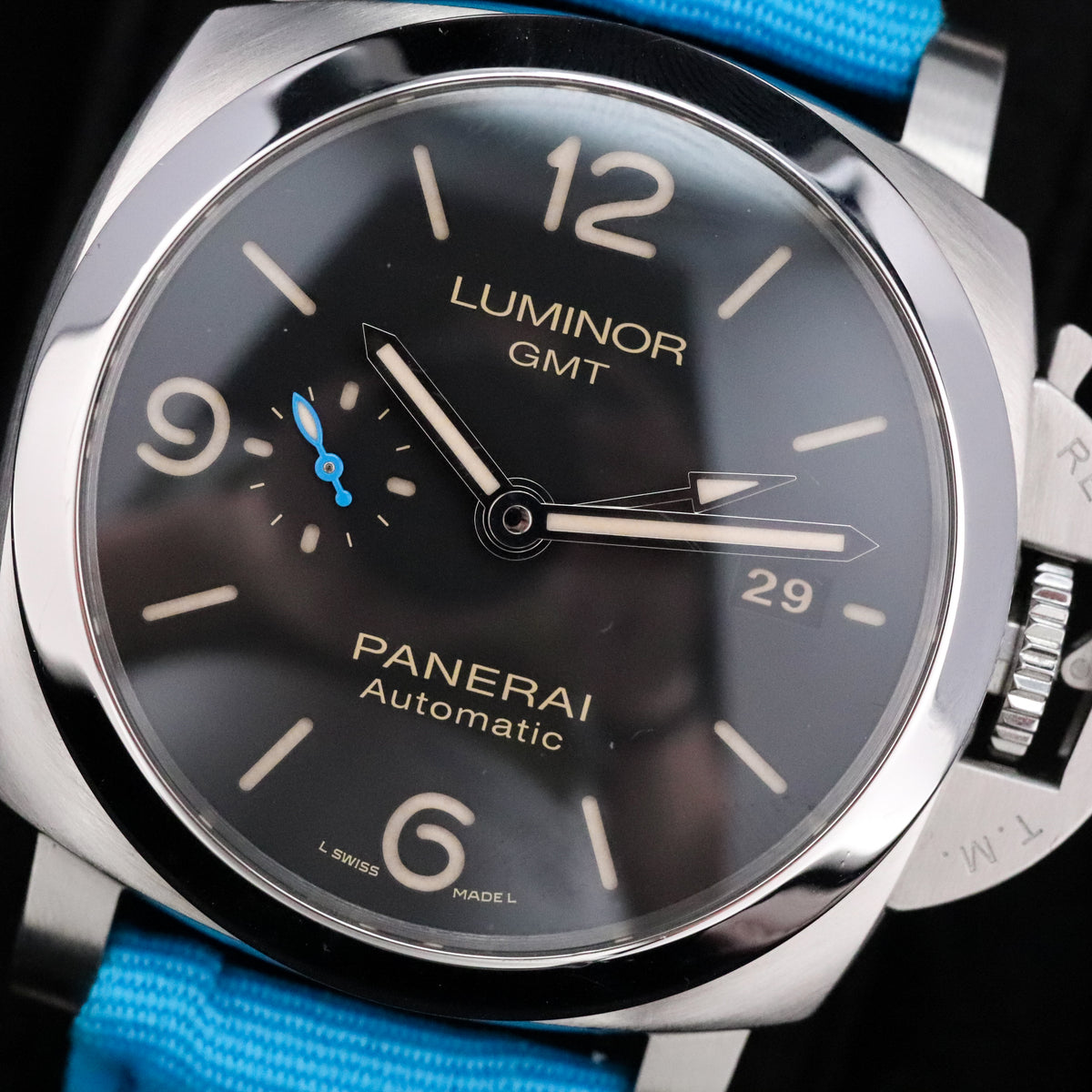 Panerai Luminor 1950 3 Days GMT Complete 44mm Steel Case Black Dial Smooth Bezel Blue Strap PAM01320